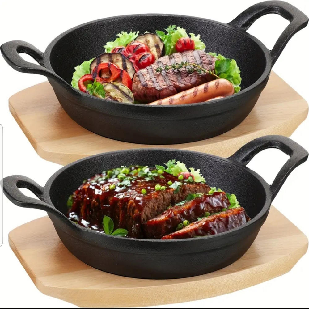 1 Double Handle Cast Iron Skillet & Wooden Tray Set - NWOB - Picture 9 of 10